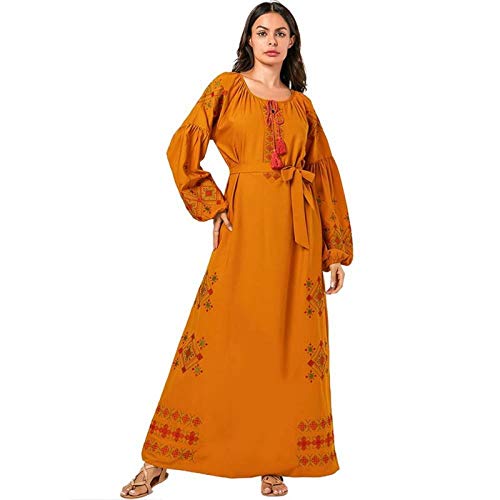 Vestidos de Mujer Tallas Grandes Bordado Vestidos árabes de Manga Larga Kaftan marroquí Dubai Abaya Vestido Largo musulmán Ropa Femenina Amarillo L