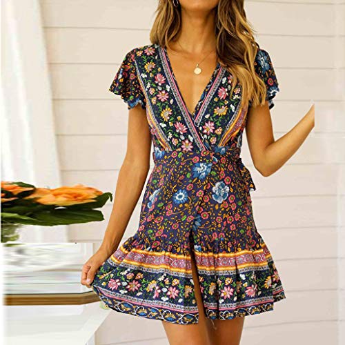 Vestidos de Mujer,Mujeres Sexy Casual Alta Cintura Bohemia Impresión V Cuello Estilo Nacional Vestido Mujer de Camiseta Suelto Casual Cuello Redondo Mini Vestidos