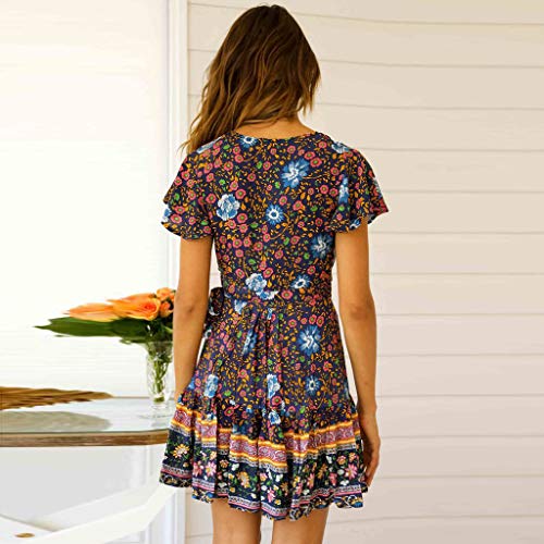 Vestidos de Mujer,Mujeres Sexy Casual Alta Cintura Bohemia Impresión V Cuello Estilo Nacional Vestido Mujer de Camiseta Suelto Casual Cuello Redondo Mini Vestidos