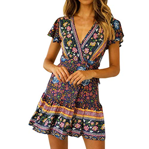 Vestidos de Mujer,Mujeres Sexy Casual Alta Cintura Bohemia Impresión V Cuello Estilo Nacional Vestido Mujer de Camiseta Suelto Casual Cuello Redondo Mini Vestidos