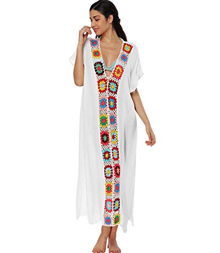 Vestidos de Playa Largos Cuello V Vestidos Pareos Playeros Boho Vestido Playa Mujer Kaftan Camisolas Caftanes Tunica Playa Piscina Ropa de Baño Playero Bikini Cover Up Tunicas Playera Camisola Blanco