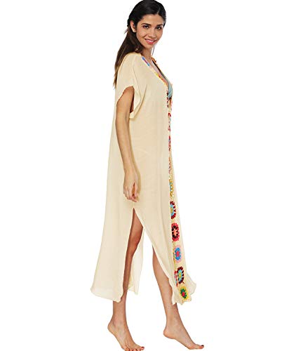 Vestidos de Playa Largos Cuello V Vestidos Pareos Playeros Boho Vestido Playa Mujer Kaftan Camisolas Caftanes Tunica Playa Piscina Ropa de Baño Playero Bikini Cover Up Tunicas Playera Camisola