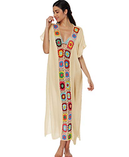 Vestidos de Playa Largos Cuello V Vestidos Pareos Playeros Boho Vestido Playa Mujer Kaftan Camisolas Caftanes Tunica Playa Piscina Ropa de Baño Playero Bikini Cover Up Tunicas Playera Camisola