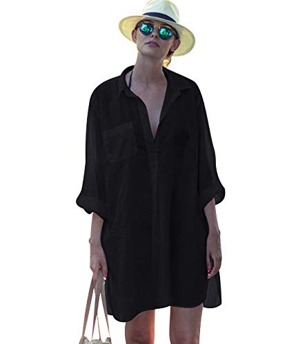 Vestidos de Playa Pareos Playeros Cuello V Boho Vestido Playa Mujer Kaftan Camisolas Caftanes Bluson Tunica Blusas Playa Piscina Ropa de Baño Playero Bikini Cover Up Tunicas Playera Camisola Negro