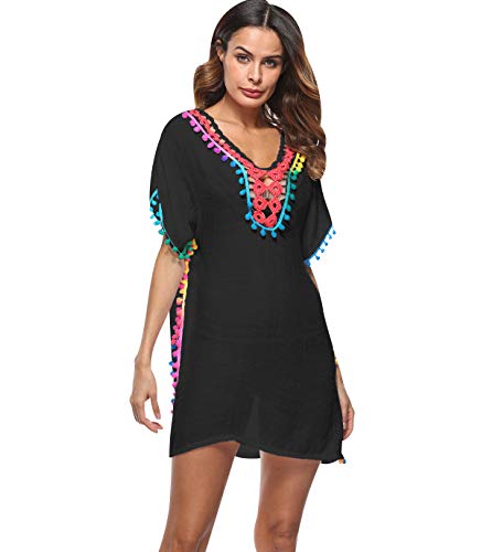 Vestidos de Playa Vestidos Pareos Playeros Vestido Playa Mujer Kaftan Camisolas Caftanes Bluson Tunica Blusas Playa Piscina Ropa de Baño Playero Mujer Bikini Cover Up Tunicas Playera Camisola Negro