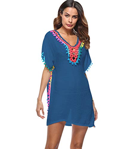 Vestidos de Playa Vestidos Pareos Playeros Vestido Playa Mujer Kaftan Camisolas Caftanes Bluson Tunica Blusas Playa Piscina Ropa de Baño Playero Mujer Bikini Cover Up Tunicas Playera Camisola Azul