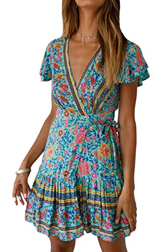 Vestidos Mujer Bohemio Corto Florales Verano Playa Fiesta Vestido Casual Magas Cortas Cuello en V Noche Playa Vacaciones 2 XL