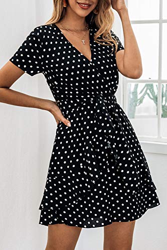 Vestidos Mujer Bohemio Corto Lunares Verano Playa Fiesta Vestido Casual Magas Cortas Cuello en V Noche Playa Vacaciones Negro S