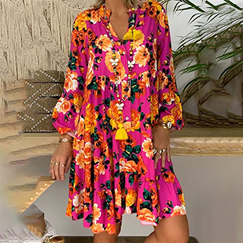 Vestidos Mujer Verano 2019 Nuevo SHOBDW Cuello en V Llamarada Manga Larga Elegant Vestidos Playa Boho Floral Mini Vestidos Vintage Fiesta Vestidos Mujer Cortos Talla Grande(Rosa,5XL)