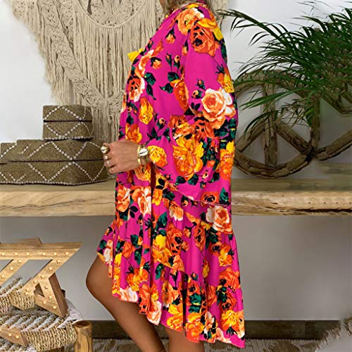 Vestidos Mujer Verano 2019 Nuevo SHOBDW Cuello en V Llamarada Manga Larga Elegant Vestidos Playa Boho Floral Mini Vestidos Vintage Fiesta Vestidos Mujer Cortos Talla Grande(Rosa,5XL)