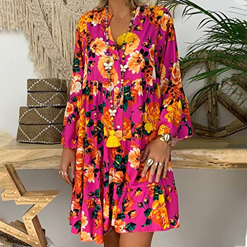 Vestidos Mujer Verano 2019 Nuevo SHOBDW Cuello en V Llamarada Manga Larga Elegant Vestidos Playa Boho Floral Mini Vestidos Vintage Fiesta Vestidos Mujer Cortos Talla Grande(Rosa,5XL)