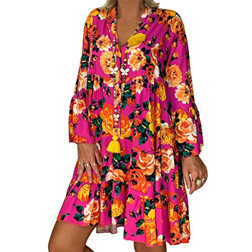 Vestidos Mujer Verano 2019 Nuevo SHOBDW Cuello en V Llamarada Manga Larga Elegant Vestidos Playa Boho Floral Mini Vestidos Vintage Fiesta Vestidos Mujer Cortos Talla Grande(Rosa,5XL)