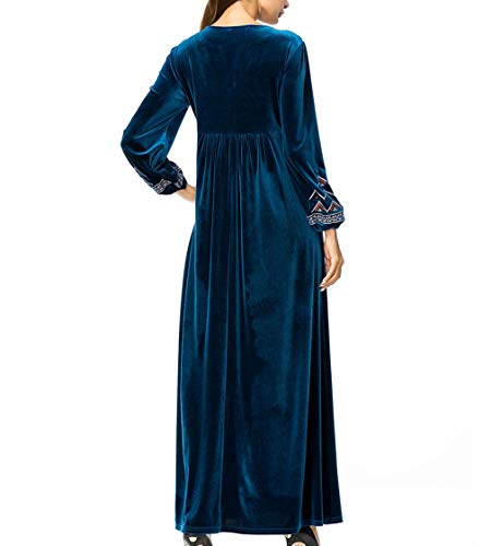 Vestidos Ocasionales Musulmanes Islámicos Mujeres - Traje Bordado Invierno Manga Larga Traje Oración Ramadan Azul Oscuro 3XL