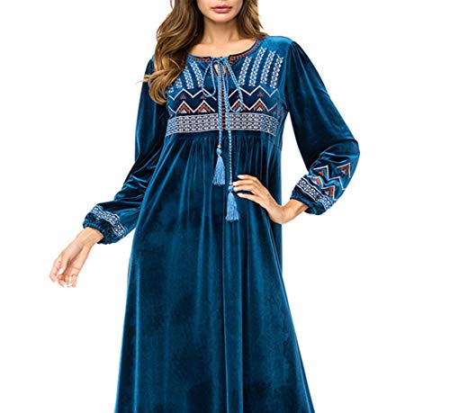Vestidos Ocasionales Musulmanes Islámicos Mujeres - Traje Bordado Invierno Manga Larga Traje Oración Ramadan Azul Oscuro 3XL