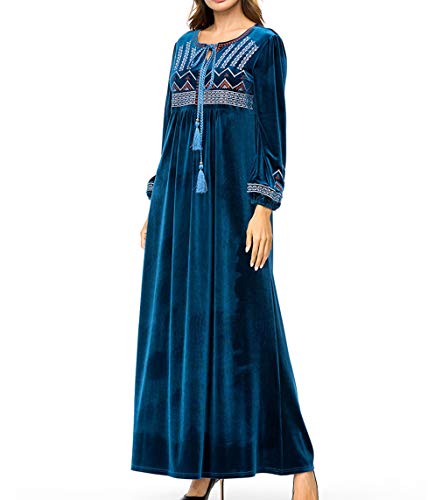 Vestidos Ocasionales Musulmanes Islámicos Mujeres - Traje Bordado Invierno Manga Larga Traje Oración Ramadan Azul Oscuro 3XL
