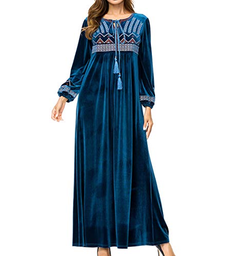 Vestidos Ocasionales Musulmanes Islámicos Mujeres - Traje Bordado Invierno Manga Larga Traje Oración Ramadan Azul Oscuro 3XL