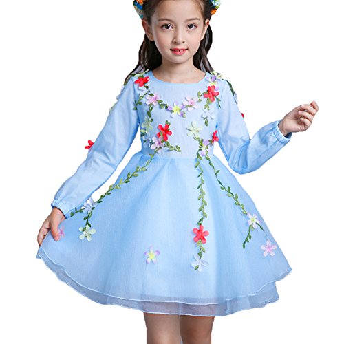 Vestidos para Bebé Niñas - Princesa Largos Vestido de Encaje Elegante Ropa de Fiesta/Noche/Bodas Mangas Largas Invierno Otoño Vestir Azul Claro/160