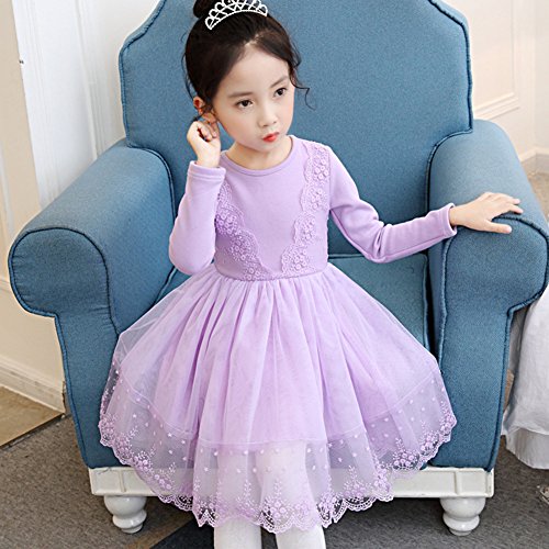 Vestidos para Bebé Niñas - Princesa Largos Vestido de Encaje Elegante Ropa de Fiesta/Noche/Bodas Mangas Largas Invierno Otoño Vestir Púrpura/145-155cm