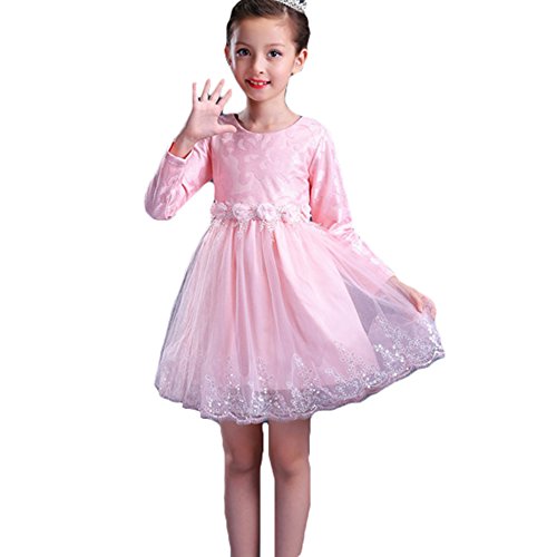 Vestidos para Bebé Niñas - Princesa Largos Vestido de Encaje Elegante Ropa de Fiesta/Noche/Bodas Mangas Largas Invierno Otoño Vestir Rosado/140