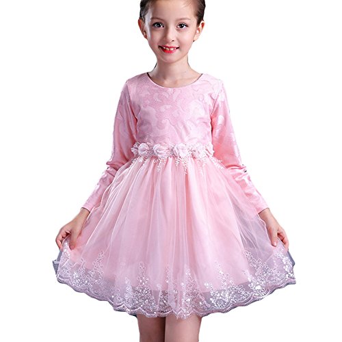 Vestidos para Bebé Niñas - Princesa Largos Vestido de Encaje Elegante Ropa de Fiesta/Noche/Bodas Mangas Largas Invierno Otoño Vestir Rosado/140
