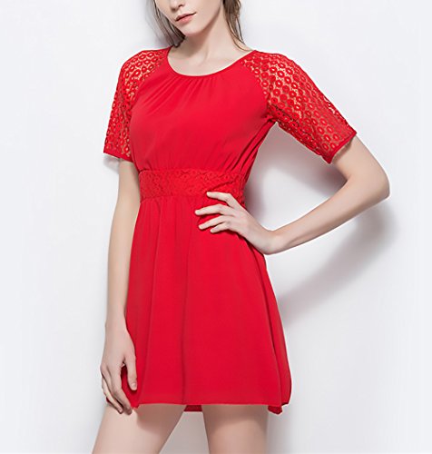 Vestidos Verano Mujer Elegantes Vestido De Gasa Splice Encaje Manga Dresses Señoras Moderno Corta Cuello Redondo Cintura Alta Vestidos Años 50 A-Lìnea Vestidos Cortos (Color : Rojo, Size : L)