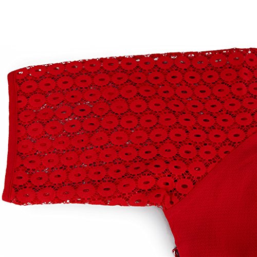 Vestidos Verano Mujer Elegantes Vestido De Gasa Splice Encaje Manga Dresses Señoras Moderno Corta Cuello Redondo Cintura Alta Vestidos Años 50 A-Lìnea Vestidos Cortos (Color : Rojo, Size : L)