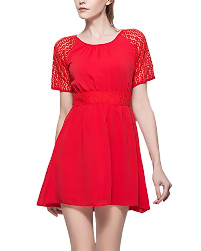 Vestidos Verano Mujer Elegantes Vestido De Gasa Splice Encaje Manga Dresses Señoras Moderno Corta Cuello Redondo Cintura Alta Vestidos Años 50 A-Lìnea Vestidos Cortos (Color : Rojo, Size : L)