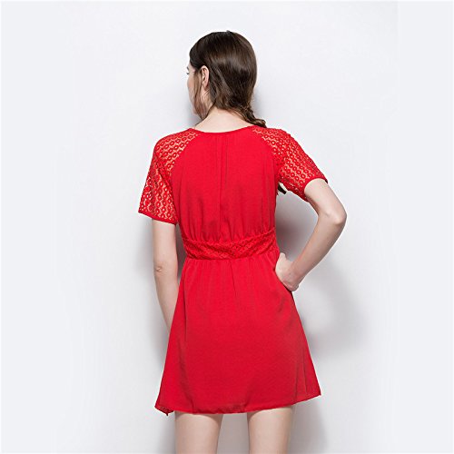 Vestidos Verano Mujer Elegantes Vestido De Gasa Splice Encaje Manga Dresses Señoras Moderno Corta Cuello Redondo Cintura Alta Vestidos Años 50 A-Lìnea Vestidos Cortos (Color : Rojo, Size : L)