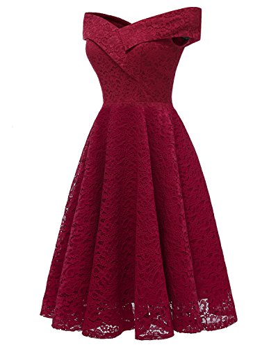 Vestidos Verano Mujer Vestidos De Fiesta Elegantes Hombro Descubierto Ropa Dama Moderno Cuello Barco Encaje Vestido Años 50 A-Lìnea Vintage para Bodas (Color : Winered, Size : M)