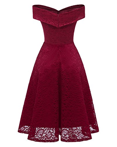 Vestidos Verano Mujer Vestidos De Fiesta Elegantes Hombro Descubierto Ropa Dama Moderno Cuello Barco Encaje Vestido Años 50 A-Lìnea Vintage para Bodas (Color : Winered, Size : M)
