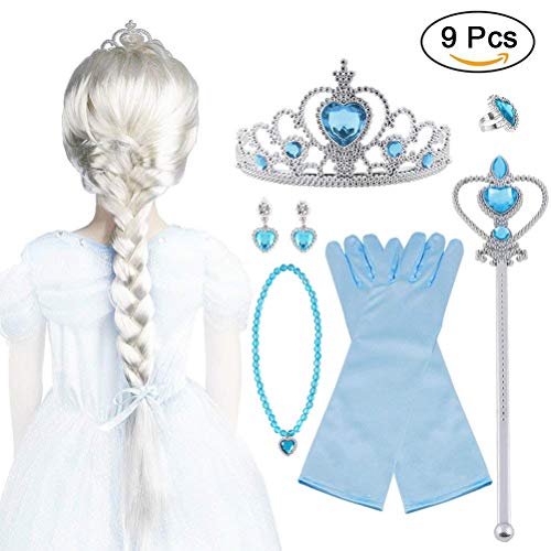 Vicloon 9Pcs Upgrade Princesa Vestir Accesorios - Peluca/Corona/Sceptre/Anillo /Pendientes/Collar/Guantes (B) para Carnaval
