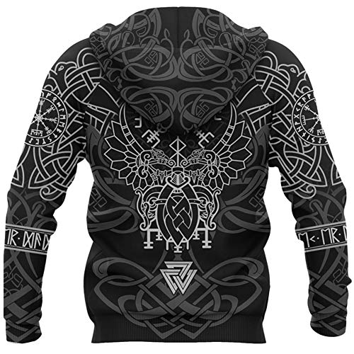 Vikinga Odin's Raven Valknut Thor's Hammer Mjolnir Sudadera con Capucha Cremallera Estampado 3D, Manga Larga Bolsillos Grandes Sudadera Vintage, Chaqueta Pagana Mitología Nórdica,Pullover white,L