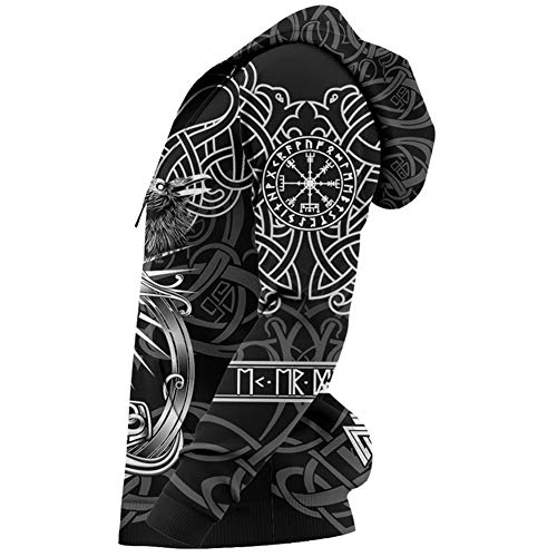 Vikinga Odin's Raven Valknut Thor's Hammer Mjolnir Sudadera con Capucha Cremallera Estampado 3D, Manga Larga Bolsillos Grandes Sudadera Vintage, Chaqueta Pagana Mitología Nórdica,Pullover white,L