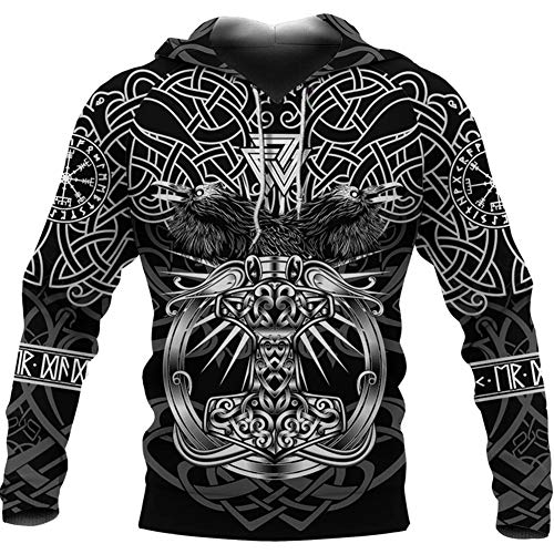 Vikinga Odin's Raven Valknut Thor's Hammer Mjolnir Sudadera con Capucha Cremallera Estampado 3D, Manga Larga Bolsillos Grandes Sudadera Vintage, Chaqueta Pagana Mitología Nórdica,Pullover white,L