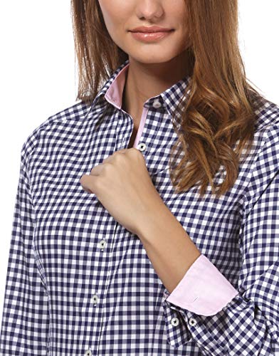 Vincenzo Boretti Camisa de Mujer, Corte Ligeramente más angosto, 100% algodón, Manga-Larga, Cuello Kent, de Cuadros, fácil de Planchar, Elegante y clásica Azul Oscuro/Blanco 42