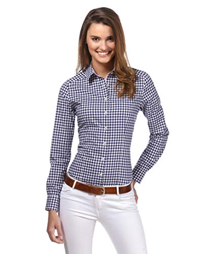 Vincenzo Boretti Camisa de Mujer, Corte Ligeramente más angosto, 100% algodón, Manga-Larga, Cuello Kent, de Cuadros, fácil de Planchar, Elegante y clásica Azul Oscuro/Blanco 42