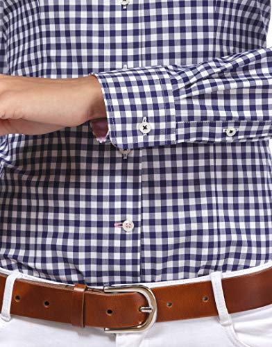 Vincenzo Boretti Camisa de Mujer, Corte Ligeramente más angosto, 100% algodón, Manga-Larga, Cuello Kent, de Cuadros, fácil de Planchar, Elegante y clásica Azul Oscuro/Blanco 34