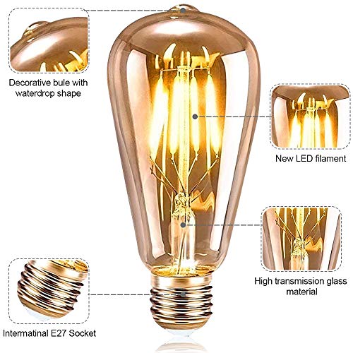 Vintage Edison Bombilla, ASANMU Bombilla LED Vintage E27 ST64 4W (Equivalente a 40W) 2200K Retro Edison Lámpara Ambar Cálido Bombillas Incandescentes para Lluminación y Decoración 220V-240V (3 Piezas)