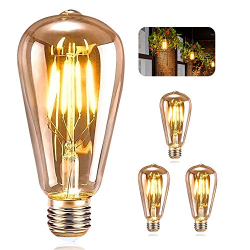Vintage Edison Bombilla, ASANMU Bombilla LED Vintage E27 ST64 4W (Equivalente a 40W) 2200K Retro Edison Lámpara Ambar Cálido Bombillas Incandescentes para Lluminación y Decoración 220V-240V (3 Piezas)