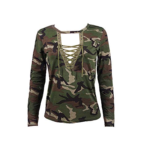 VJGOAL Camisa Casual de Manga Larga para Mujer de Moda Slim Sexy con Cuello en v Blusa Hueca Camuflaje Tops de impresión