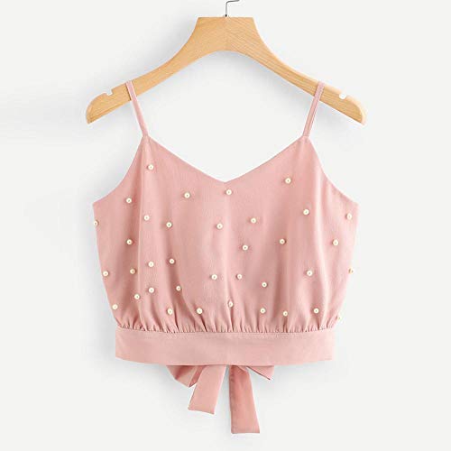 VJGOAL Moda Casual de Verano Chaleco de Gasa Camisola sin Mangas Tops Color sólido Perlas de Abalorios Camis Sexy sin Espalda Pajarita Correa de la Camiseta(XX-Large,Rosado)