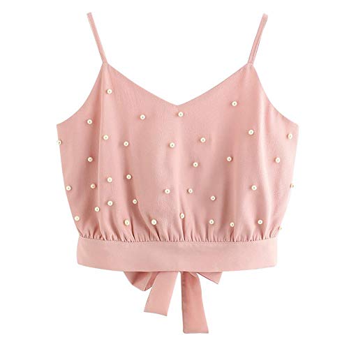 VJGOAL Moda Casual de Verano Chaleco de Gasa Camisola sin Mangas Tops Color sólido Perlas de Abalorios Camis Sexy sin Espalda Pajarita Correa de la Camiseta(XX-Large,Rosado)