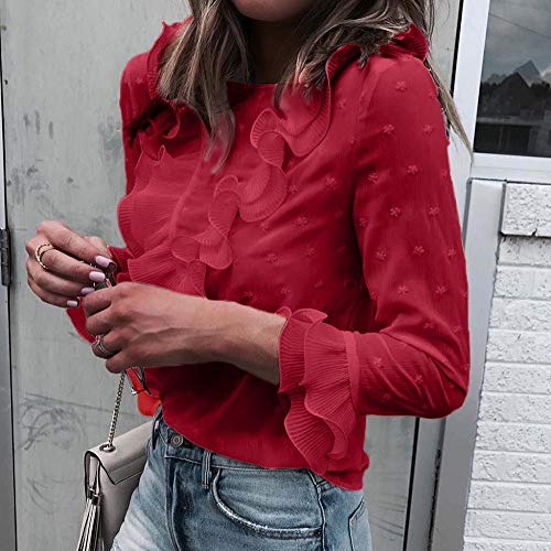 VJGOAL Moda Mujer Casual Encaje Sexy Lunares O Cuello Dulce Volante Camiseta Manga Larga Tops Blusa (S, X-Rojo)