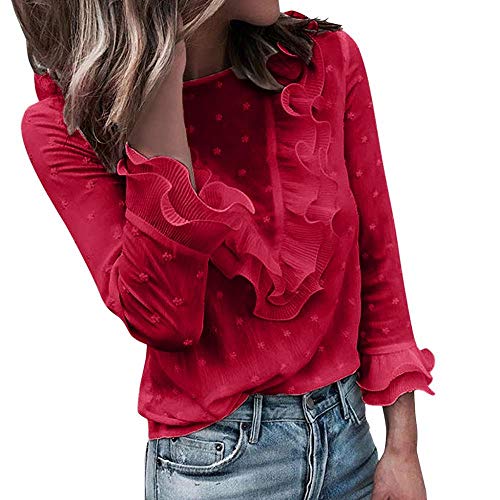 VJGOAL Moda Mujer Casual Encaje Sexy Lunares O Cuello Dulce Volante Camiseta Manga Larga Tops Blusa (S, X-Rojo)