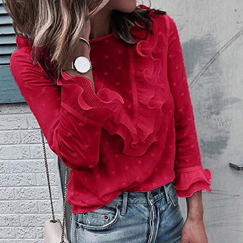 VJGOAL Moda Mujer Casual Encaje Sexy Lunares O Cuello Dulce Volante Camiseta Manga Larga Tops Blusa (S, X-Rojo)