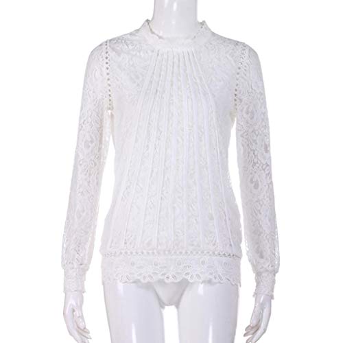 VJGOAL Moda Mujer Gasa Color sólido de Manga Larga O Cuello Sexy Encaje Tops Casuales Blusa Camiseta