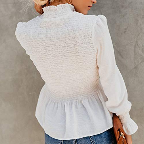 VJGOAL Mujer Moda Casual de otoño e Invierno Color sólido Manga Larga Retro Elegante Cuello Alto con Volantes Dulces Camiseta Acanalada Blusa de Manga Flare(Large,Blanco)