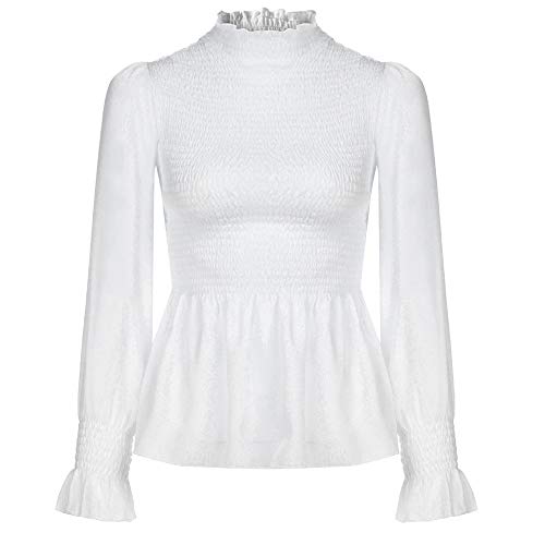 VJGOAL Mujer Moda Casual de otoño e Invierno Color sólido Manga Larga Retro Elegante Cuello Alto con Volantes Dulces Camiseta Acanalada Blusa de Manga Flare(Large,Blanco)