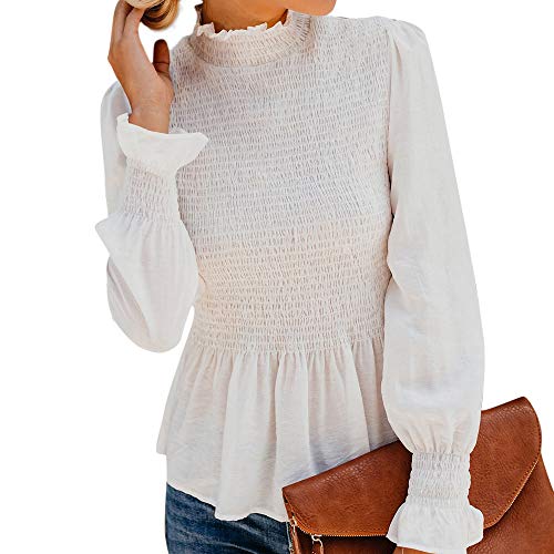 VJGOAL Mujer Moda Casual de otoño e Invierno Color sólido Manga Larga Retro Elegante Cuello Alto con Volantes Dulces Camiseta Acanalada Blusa de Manga Flare(Large,Blanco)