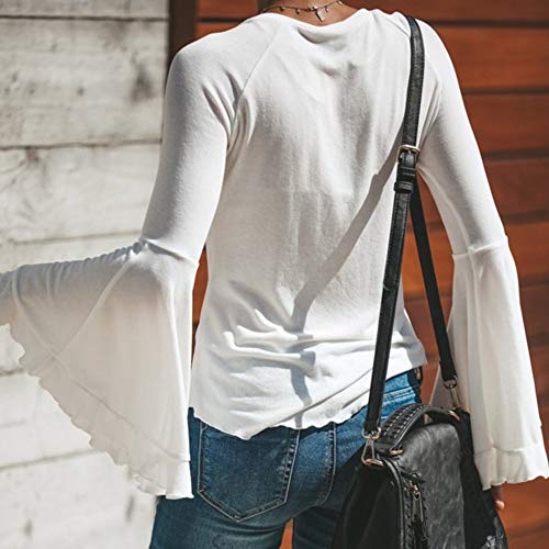 VJGOAL Mujer Otoño e Invierno Moda Casual Color sólido Sexy Escote en V Manga Larga Manga angosta Tops Camisa Blusa(Small,Blanco)